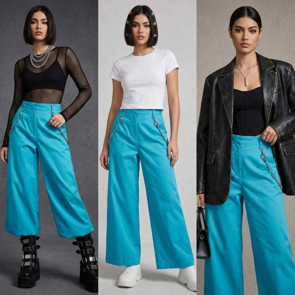 The Ragged Priest Turquoise Wide Leg Chain Detail Trousers - Small